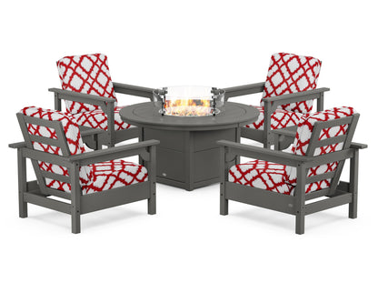 POLYWOOD® Club 5-Piece Conversation Set with Fire Pit Table in Slate Grey / Trellis Crimson