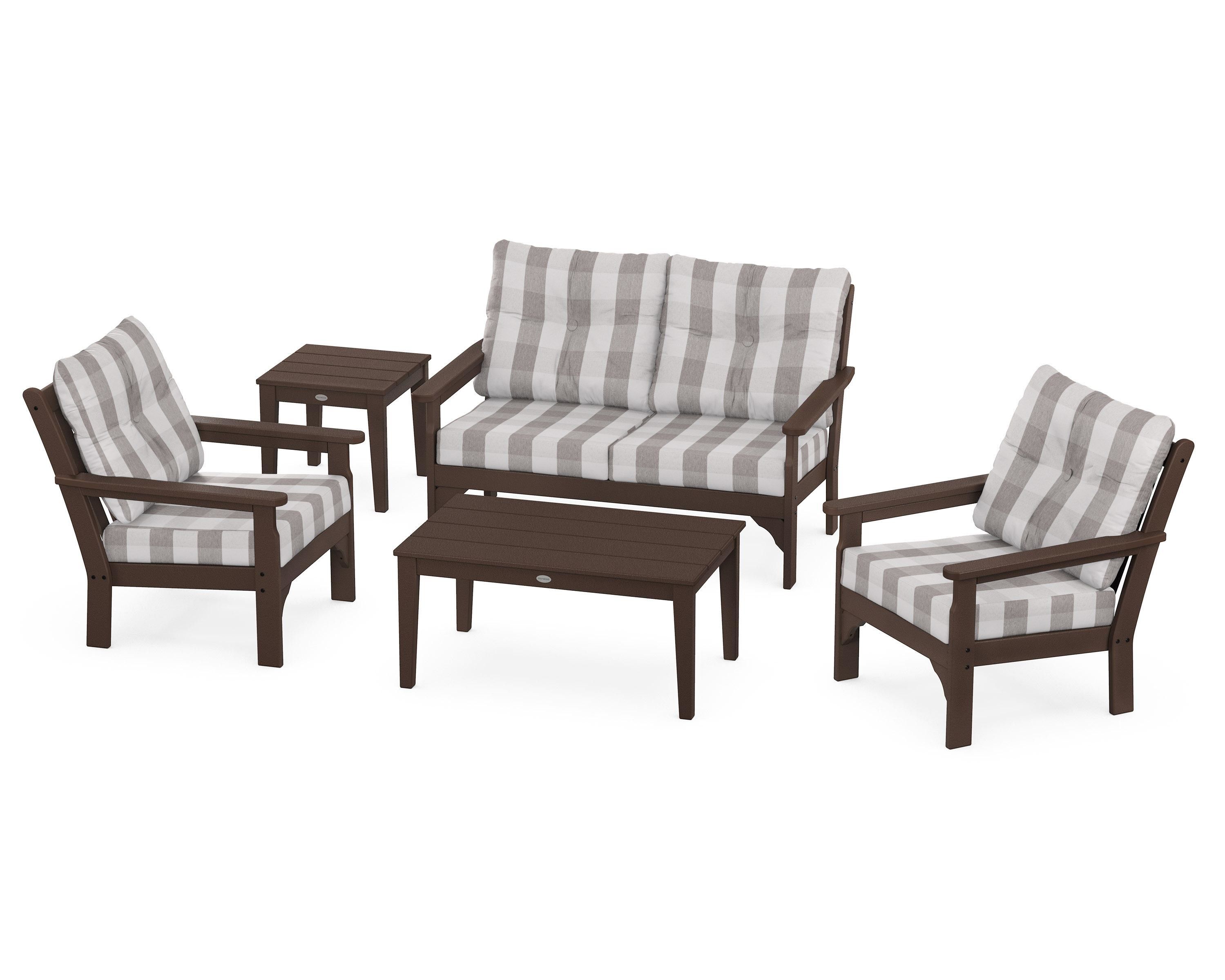 POLYWOOD® Vineyard 5-Piece Deep Seating Set in Mahogany / Buffalo Plaid Grey Mist