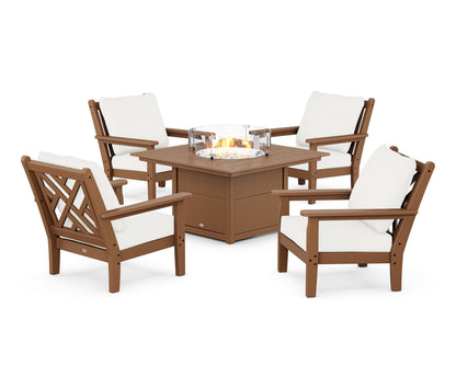 POLYWOOD® Chippendale 5-Piece Deep Seating Set with Fire Pit Table in Teak / Natural Linen