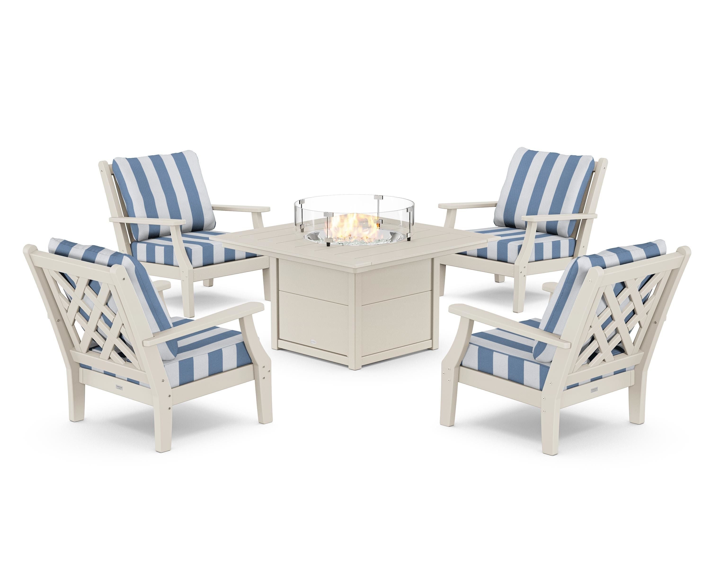 Country Living Wovendale 5-Piece Deep Seating Set with Fire Pit Table in Sand / Cabana Stripe Sky Blue