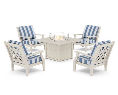 Country Living Wovendale 5-Piece Deep Seating Set with Fire Pit Table in Sand / Cabana Stripe Sky Blue