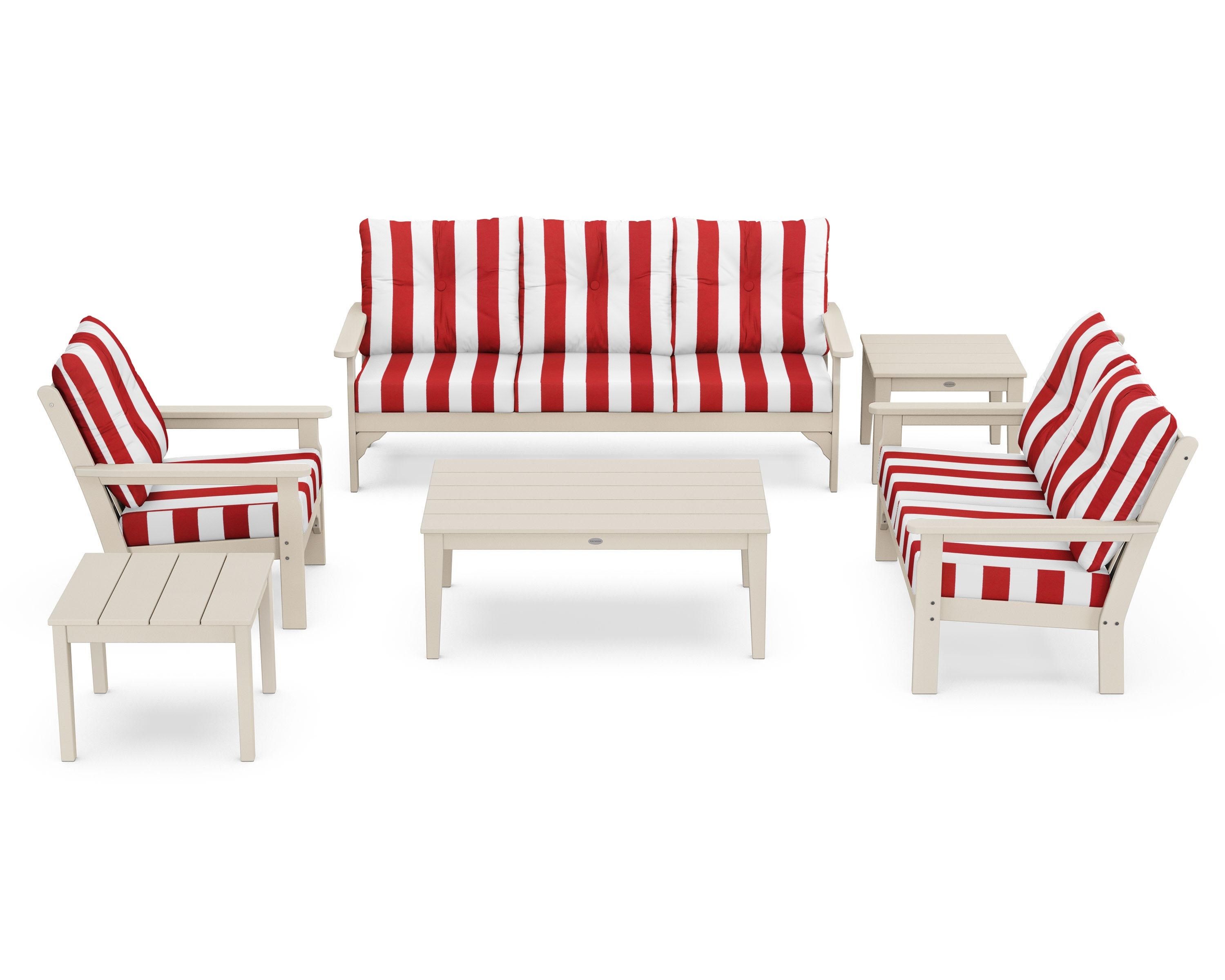 POLYWOOD® Vineyard 6-Piece Deep Seating Set in Sand / Cabana Stripe Crimson