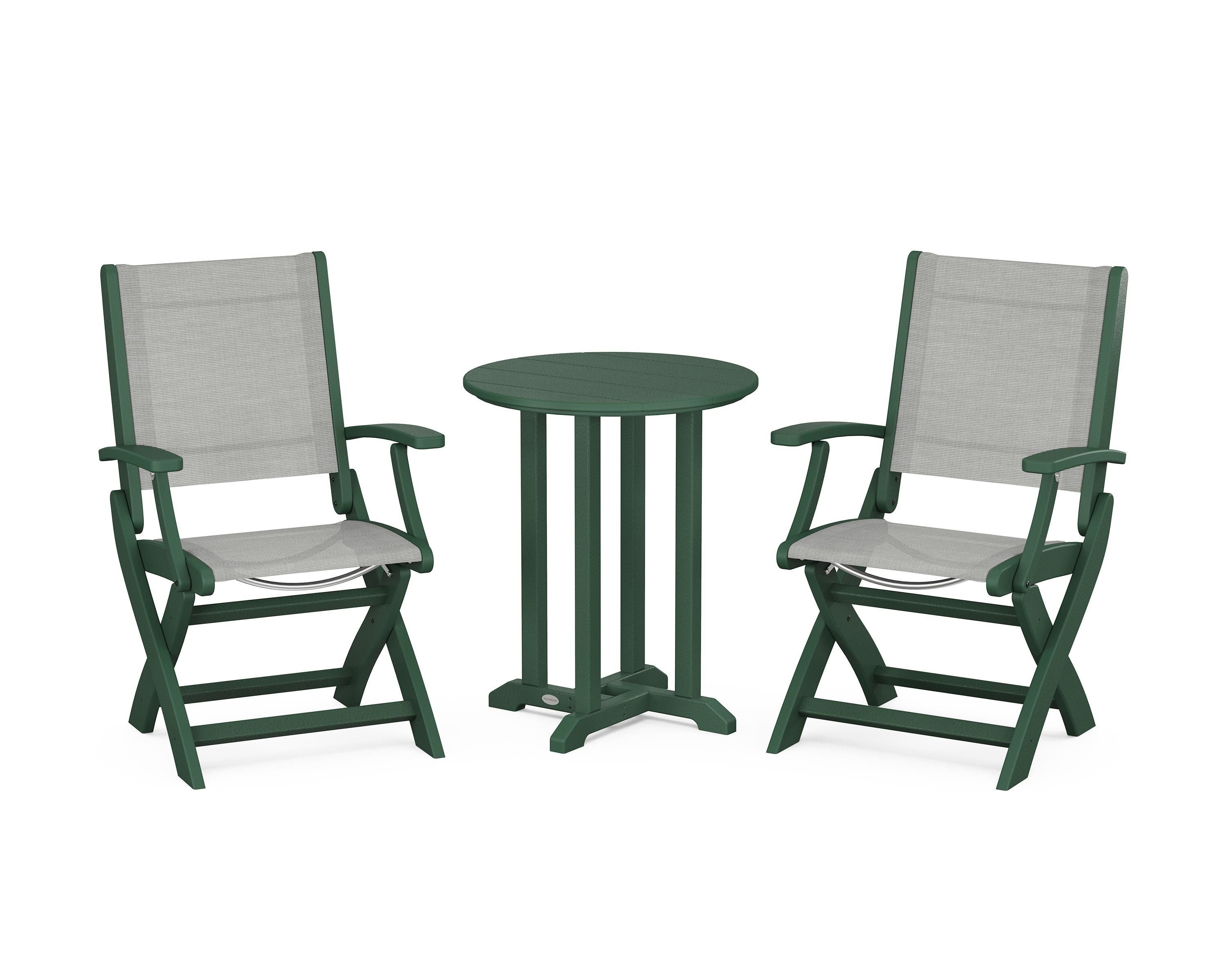 POLYWOOD® Coastal Folding 3-Piece Round Bistro Dining Set in Green / Metallic Sling