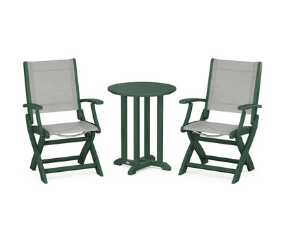 POLYWOOD® Coastal Folding 3-Piece Round Bistro Dining Set in Green / Metallic Sling