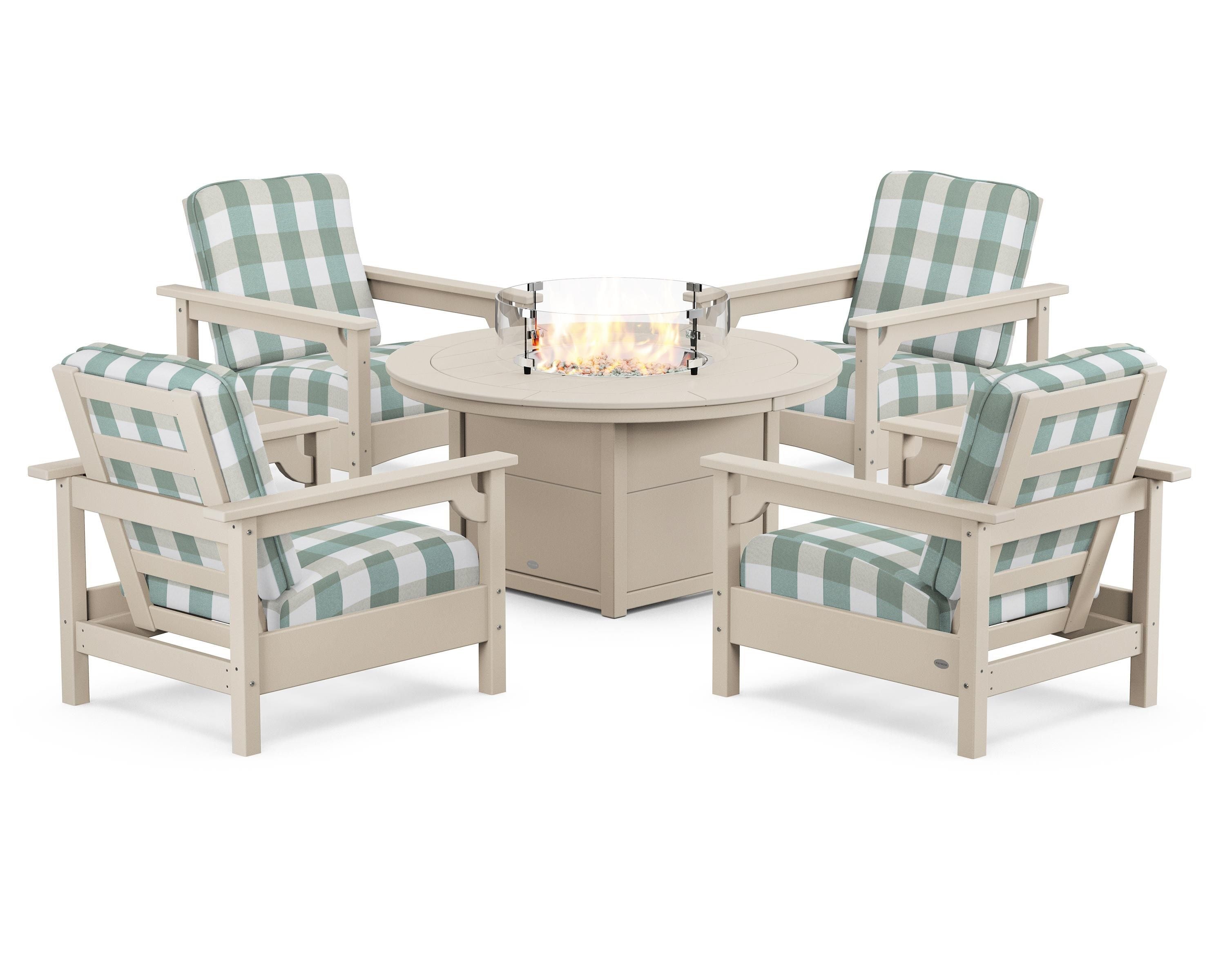 POLYWOOD® Club 5-Piece Conversation Set with Fire Pit Table in Sand / Buffalo Plaid Glacier Spa