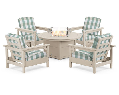 POLYWOOD® Club 5-Piece Conversation Set with Fire Pit Table in Sand / Buffalo Plaid Glacier Spa