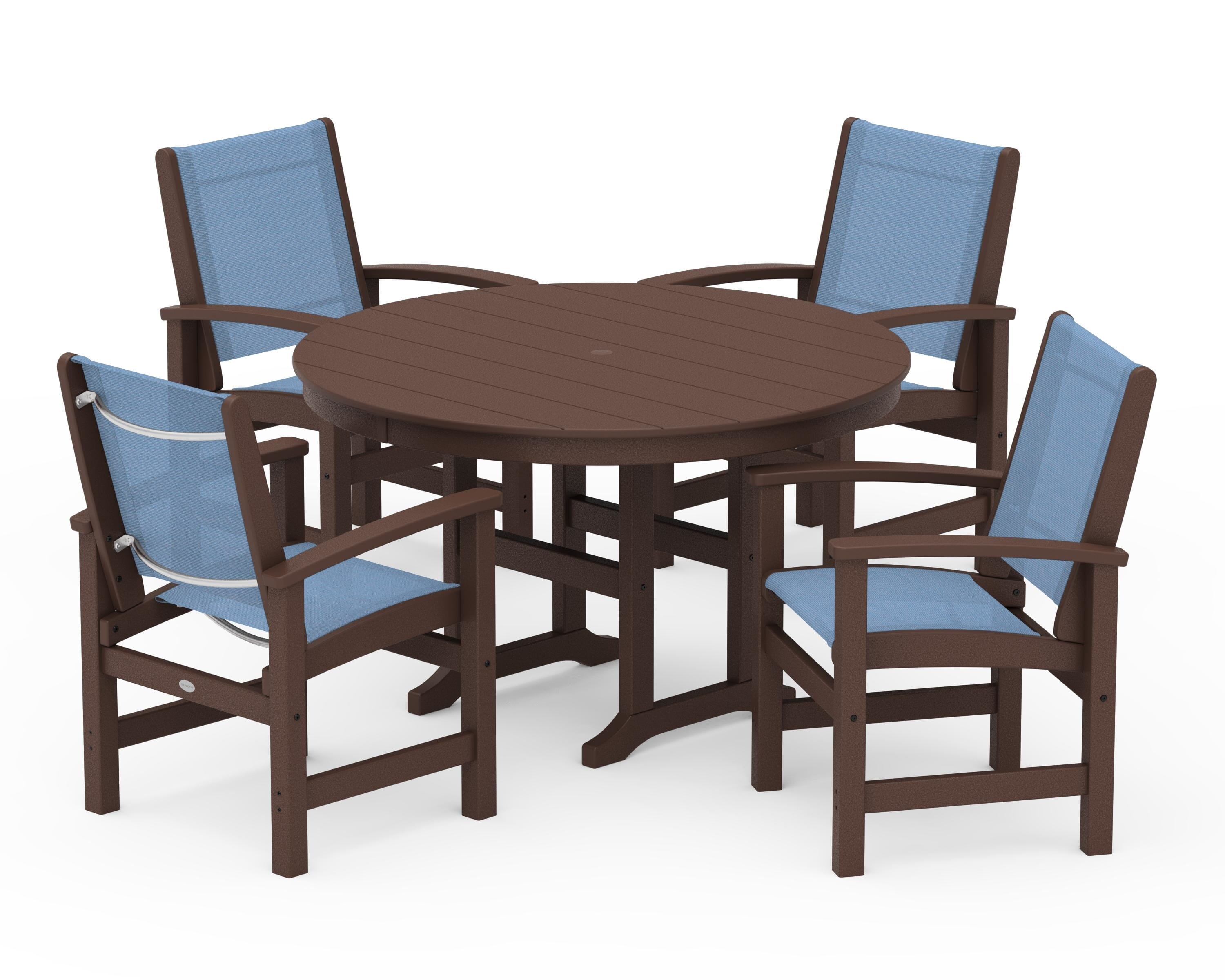 POLYWOOD® Coastal 5-Piece Round Farmhouse Dining Set in Mahogany / Poolside Sling