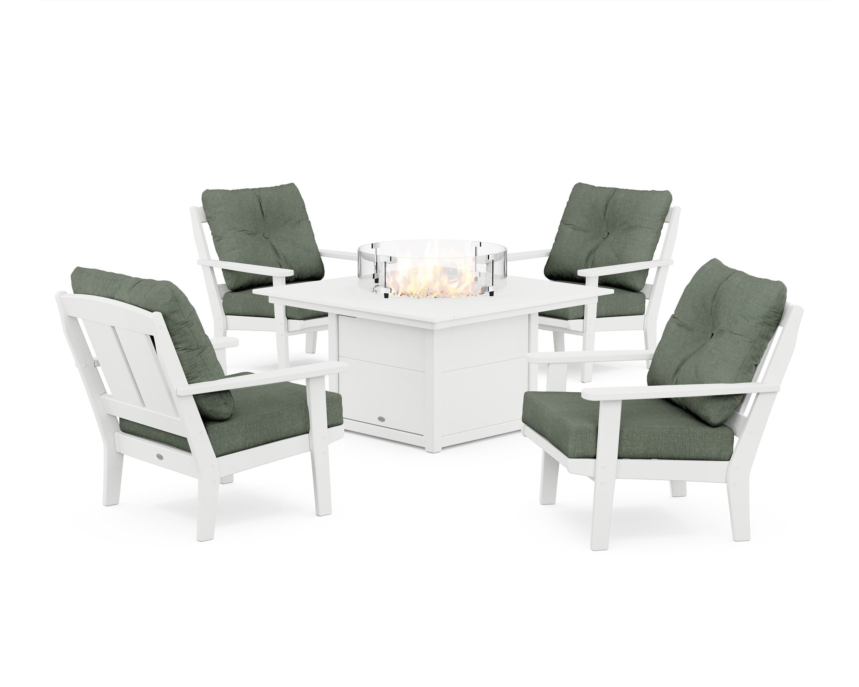 POLYWOOD® Mission 5-Piece Deep Seating Set with Fire Pit Table in White / Cast Sage