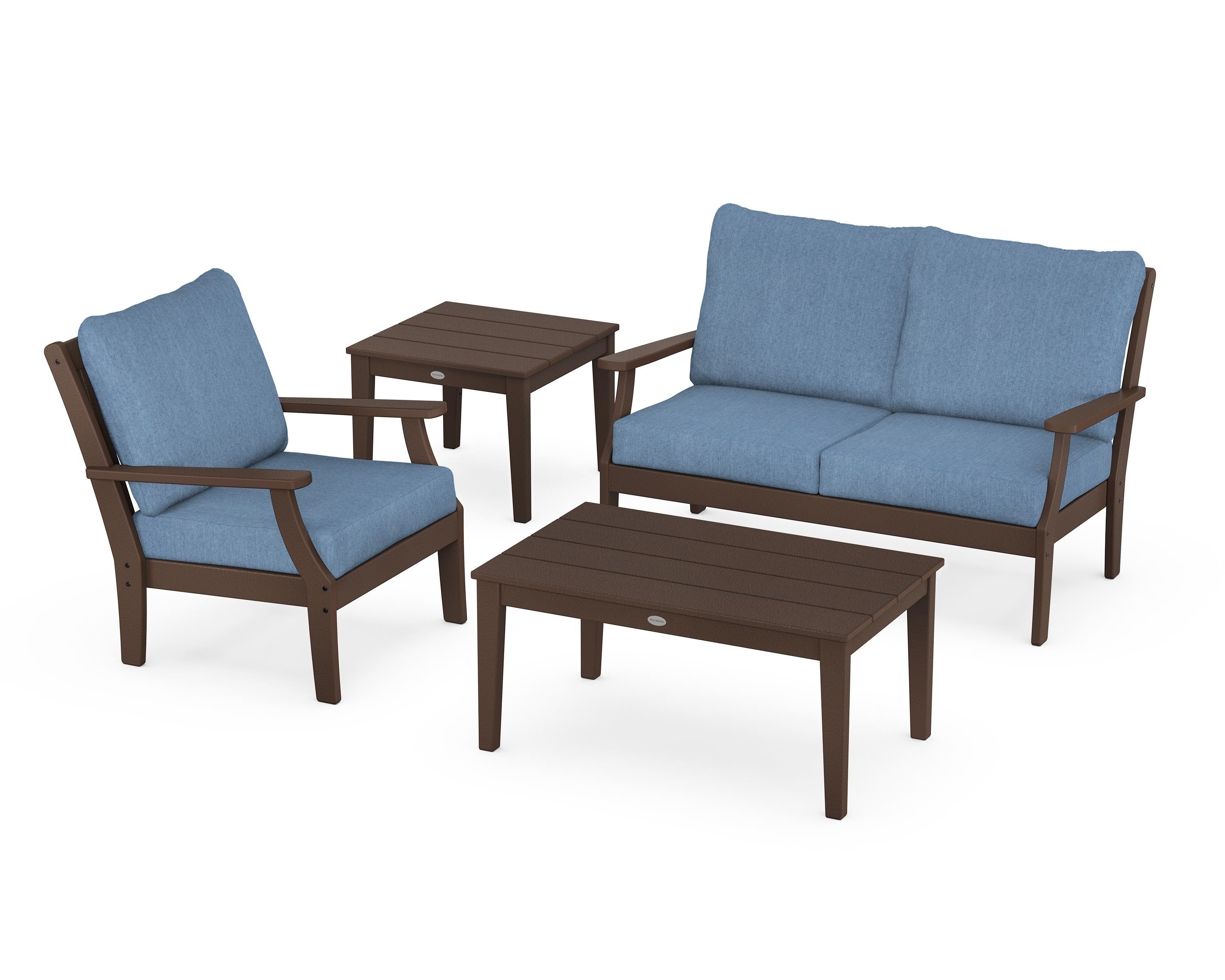 POLYWOOD® Braxton 4-Piece Deep Seating Set in Mahogany / Sky Blue