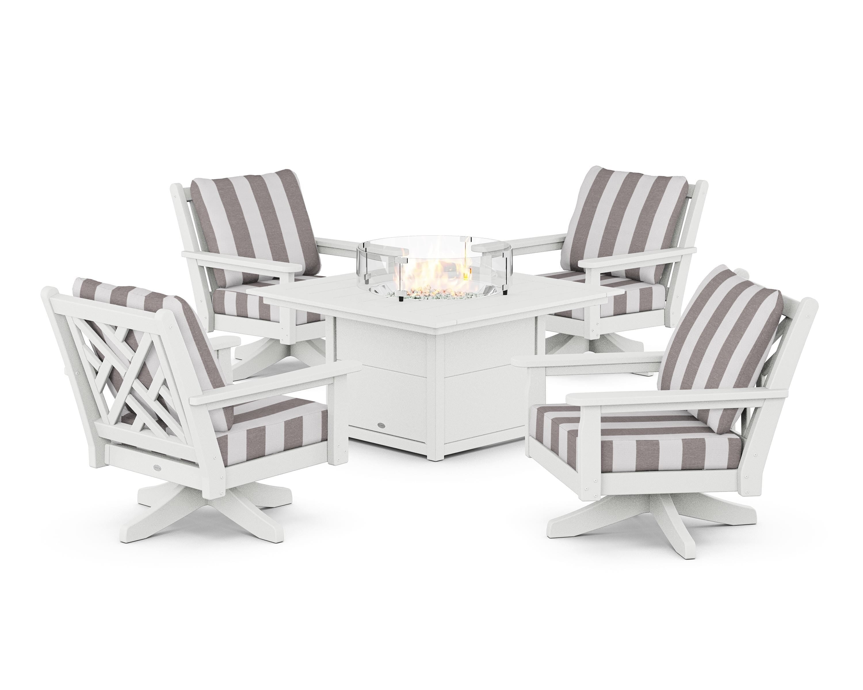 POLYWOOD® Chippendale 5-Piece Deep Seating Swivel Conversation Set with Fire Pit Table in White / Cabana Stripe Grey Mist