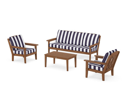 Country Living Cottage 4-Piece Deep Seating Set with Sofa in Teak / Cabana Stripe Navy