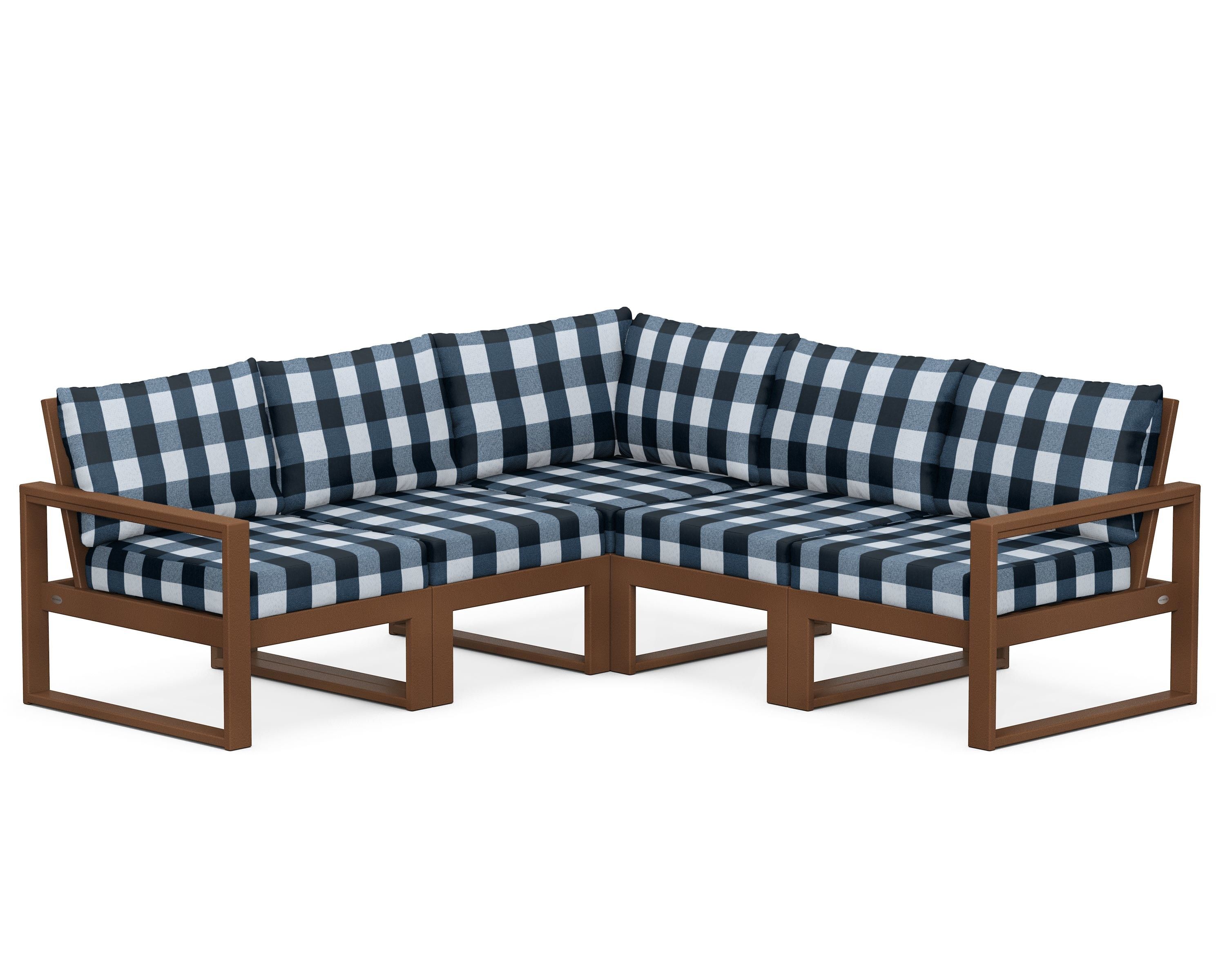POLYWOOD® EDGE 5-Piece Modular Deep Seating Set in Teak / Buffalo Plaid Marine Indigo