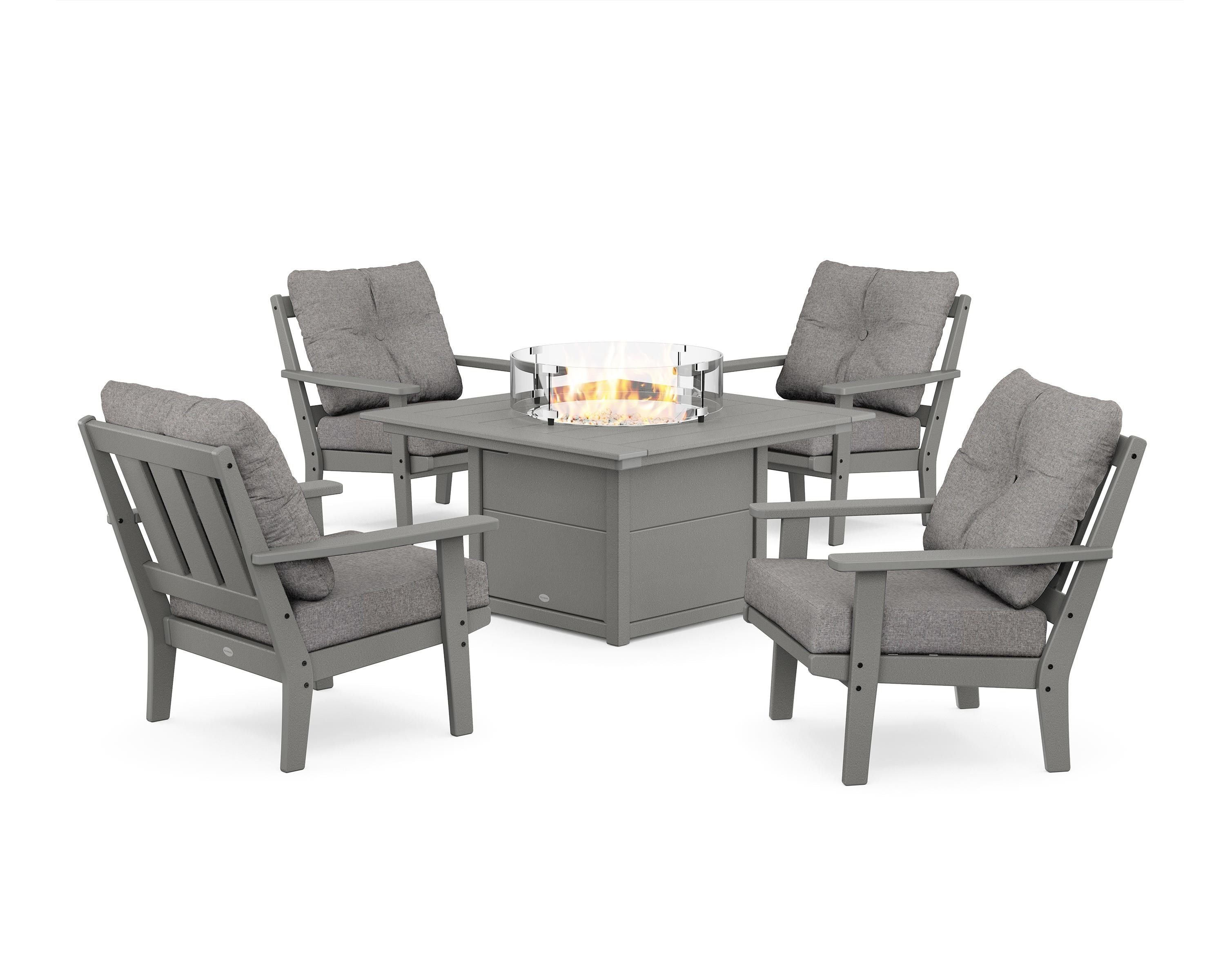 POLYWOOD® Oxford 5-Piece Deep Seating Set with Fire Pit Table in Slate Grey / Grey Mist