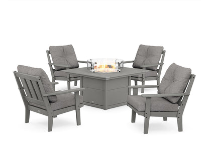 POLYWOOD® Oxford 5-Piece Deep Seating Set with Fire Pit Table in Slate Grey / Grey Mist