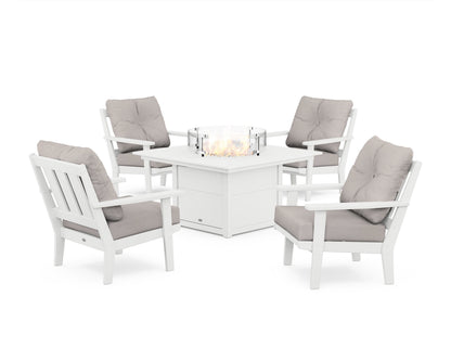 POLYWOOD® Oxford 5-Piece Deep Seating Set with Fire Pit Table in White / Dune Burlap
