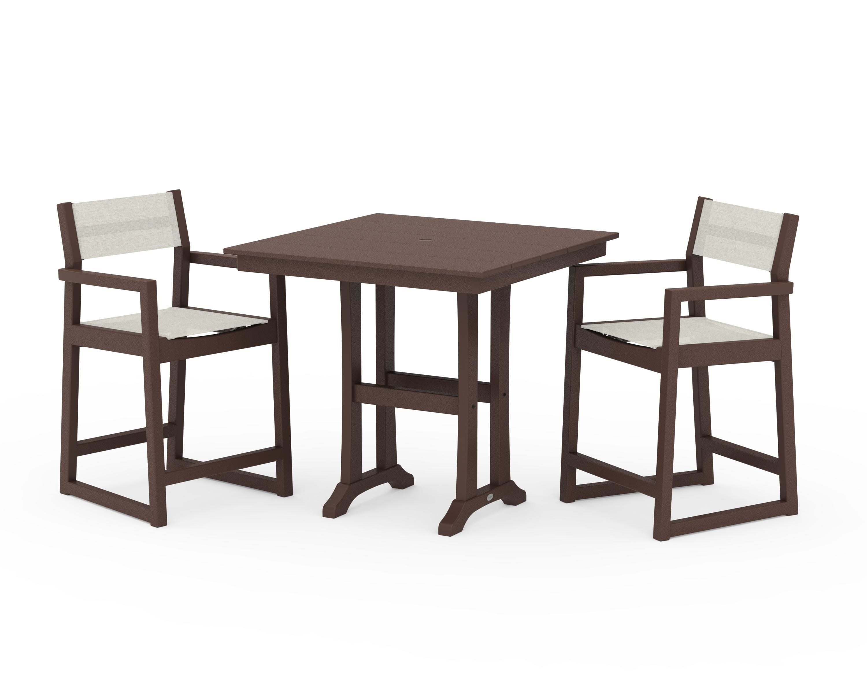 POLYWOOD® EDGE Sling Arm Chair 3-Piece Farmhouse Counter Set with Trestle Legs in Mahogany / Parchment Sling