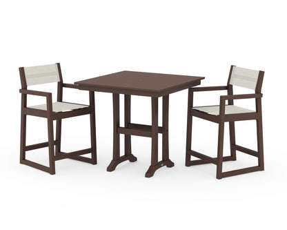 POLYWOOD® EDGE Sling Arm Chair 3-Piece Farmhouse Counter Set with Trestle Legs in Mahogany / Parchment Sling