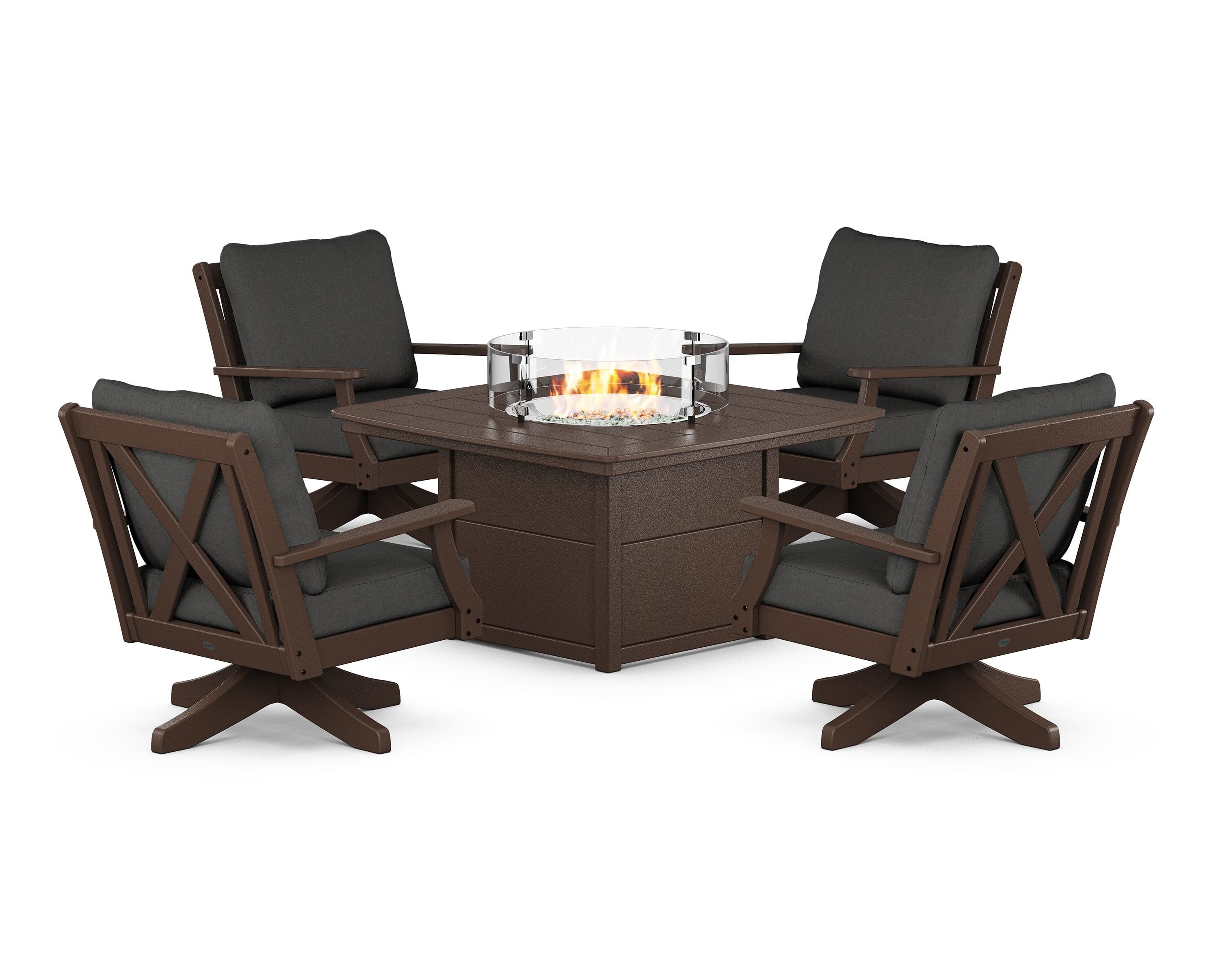 POLYWOOD® Braxton 5-Piece Deep Seating Swivel Conversation Set with Fire Pit Table in Mahogany / Spectrum Carbon