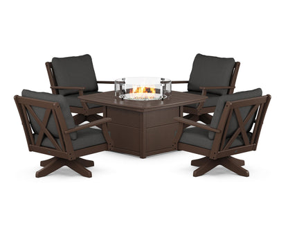 POLYWOOD® Braxton 5-Piece Deep Seating Swivel Conversation Set with Fire Pit Table in Mahogany / Spectrum Carbon