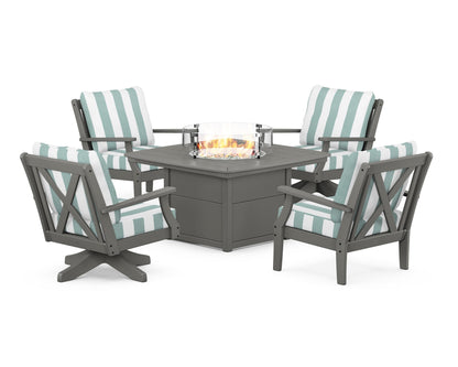 POLYWOOD® Braxton 5-Piece Deep Seating Set with Fire Table in Slate Grey / Cabana Stripe Glacier Spa