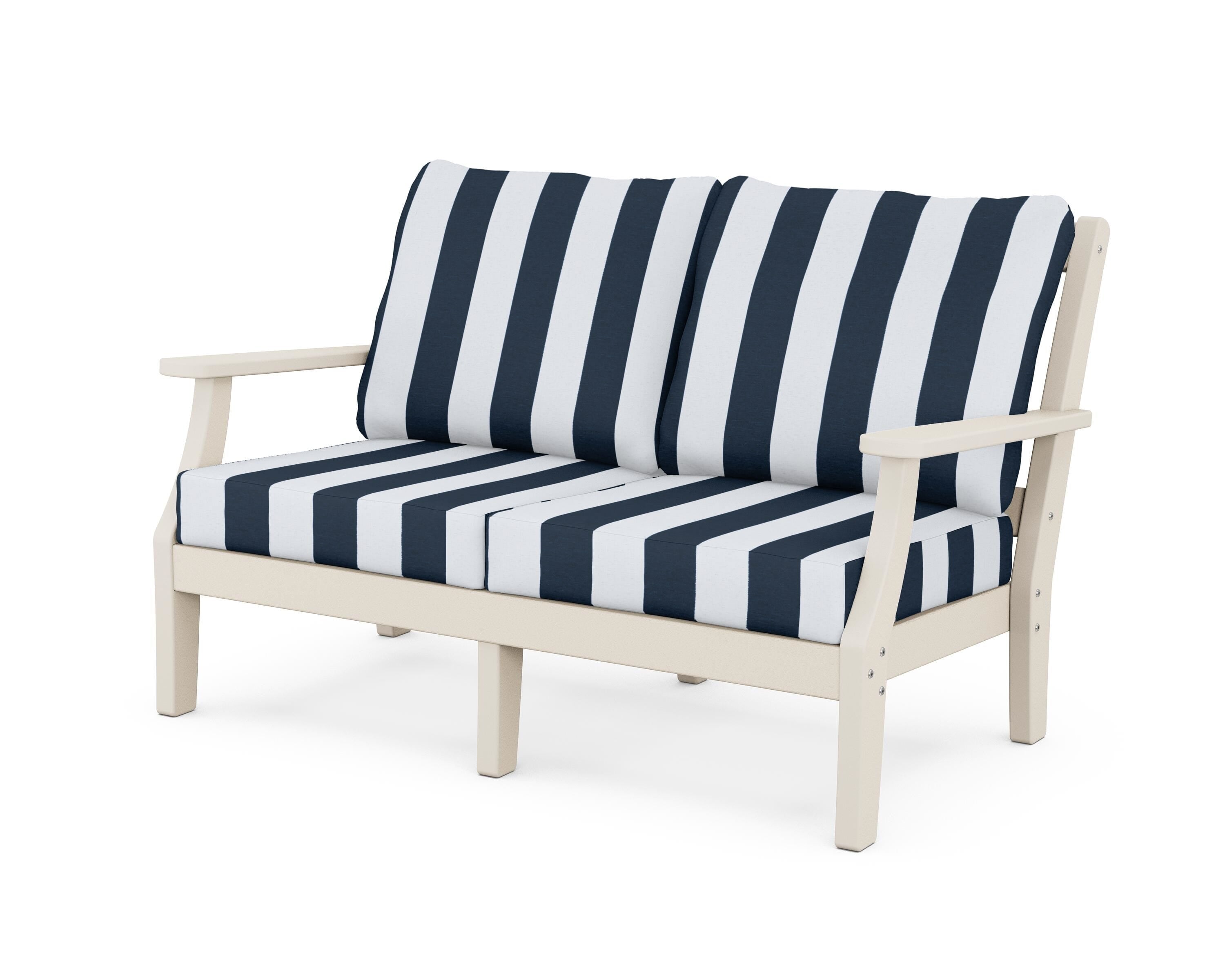 Martha Stewart by POLYWOOD® Chinoiserie Deep Seating Loveseat in Sand / Cabana Stripe Marine Indigo