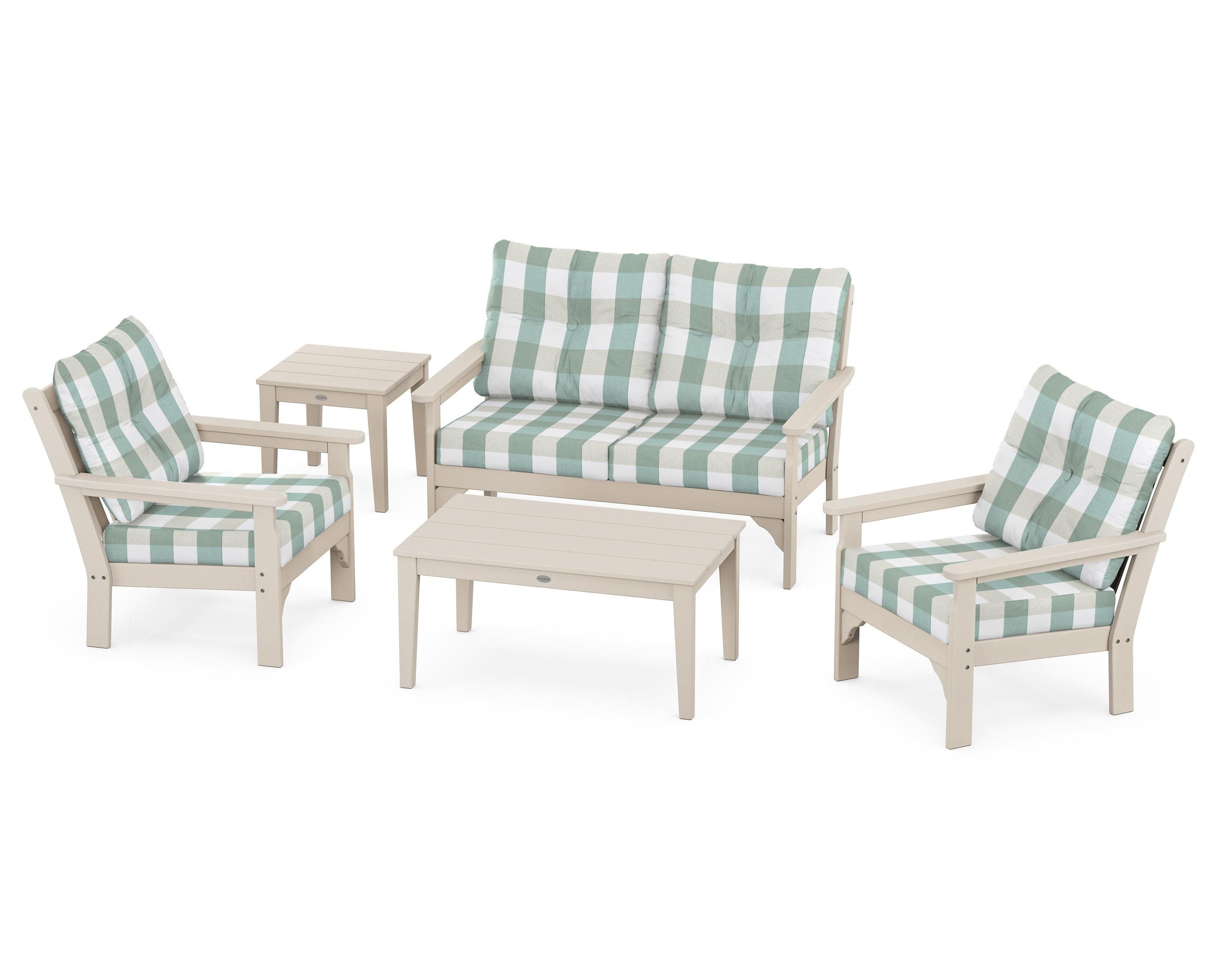 POLYWOOD® Vineyard 5-Piece Deep Seating Set in Sand / Buffalo Plaid Glacier Spa
