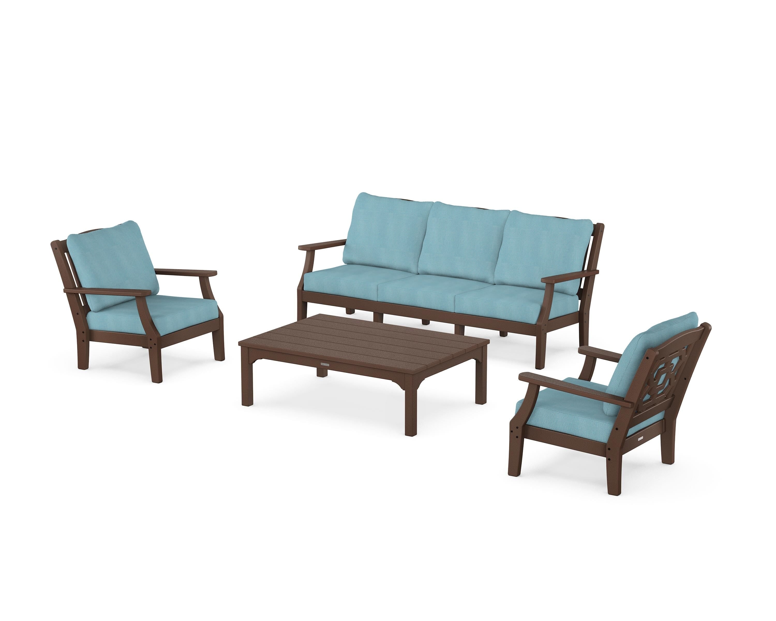 Martha Stewart by POLYWOOD® Chinoiserie 4-Piece Deep Seating Set with Sofa in Mahogany / Lattice Sky Blue