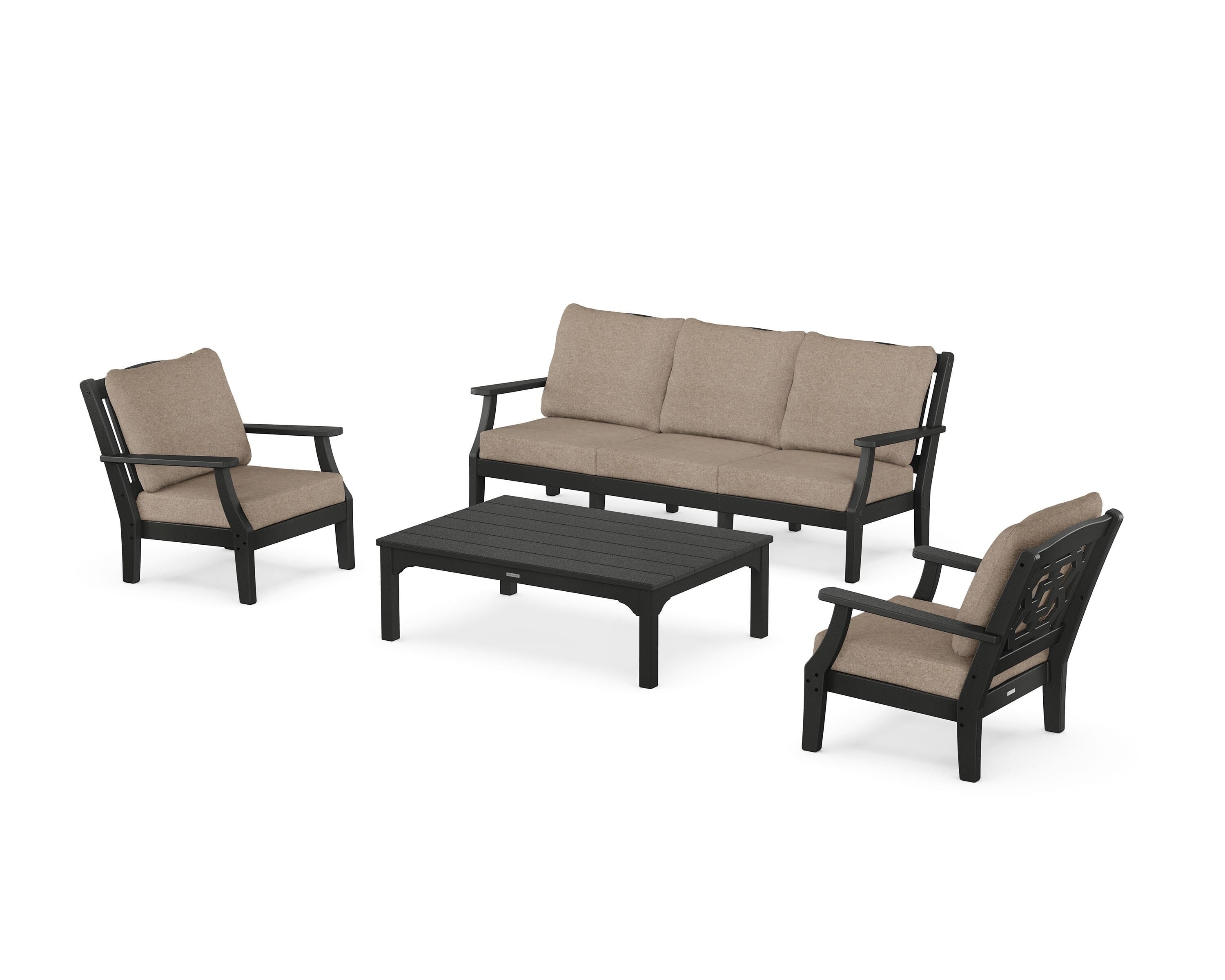 Martha Stewart by POLYWOOD® Chinoiserie 4-Piece Deep Seating Set with Sofa in Black / Spiced Burlap
