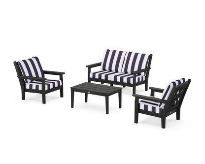 POLYWOOD® Chippendale 4-Piece Deep Seating Set with Loveseat in Black / Cabana Stripe Navy