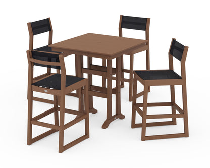 POLYWOOD® EDGE Sling Arm Chair 5-Piece Farmhouse Bar Set with Trestle Legs in Teak / Black Sling