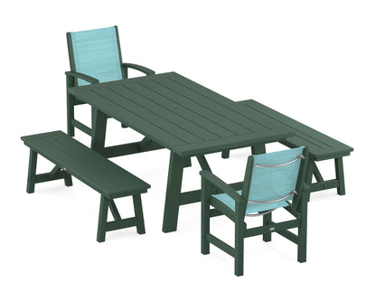POLYWOOD® Coastal 5-Piece Rustic Farmhouse Dining Set With Benches in Green / Dupioni Aquamarine Sling