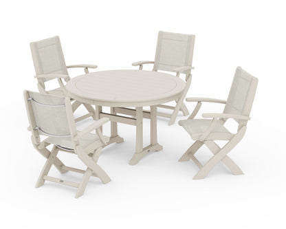 POLYWOOD® Coastal Folding Chair 5-Piece Round Dining Set with Trestle Legs in Sand / Parchment Sling