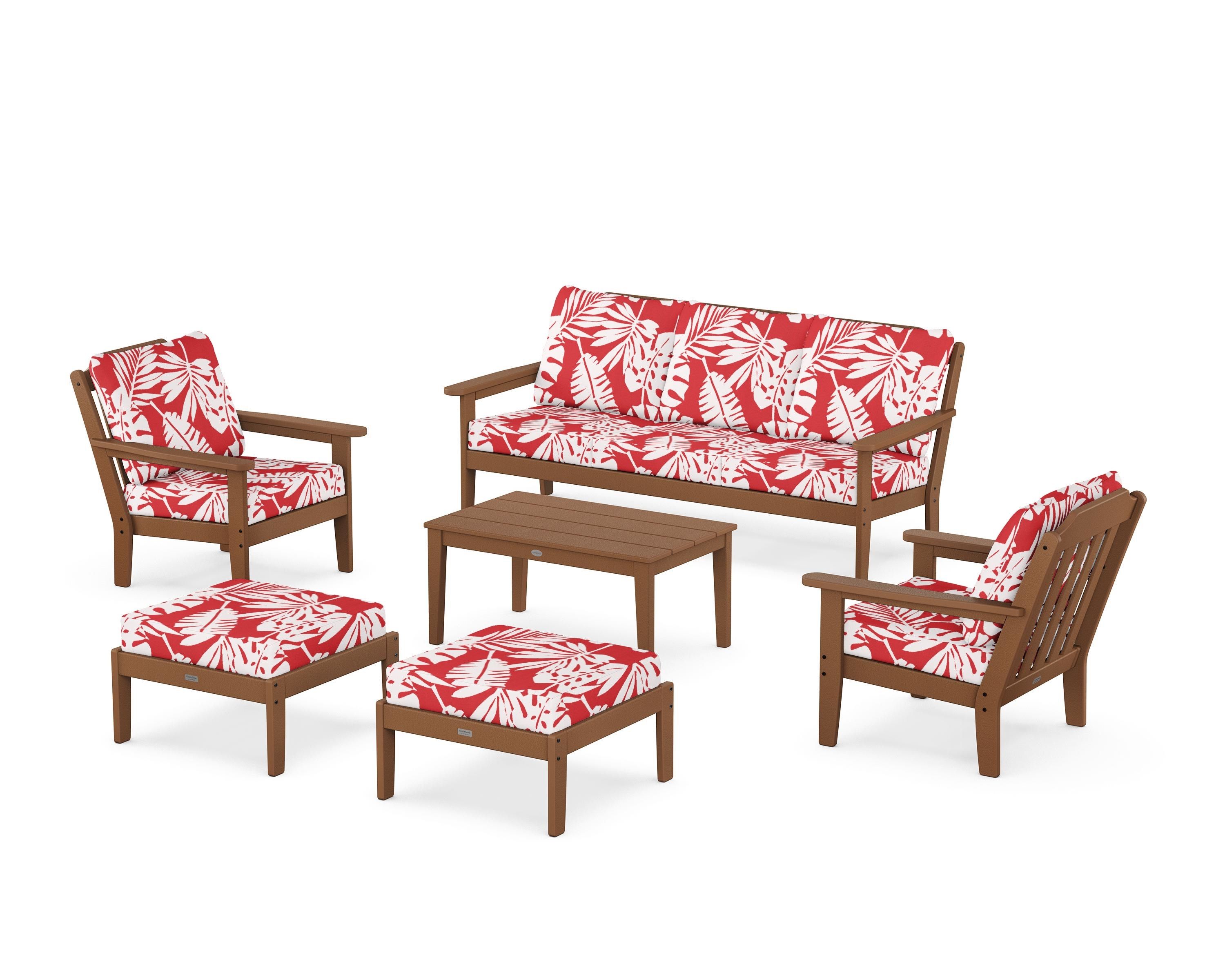 Country Living Cottage 6-Piece Lounge Sofa Set in Teak / Leaf Crimson