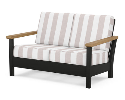 POLYWOOD® Harbour Deep Seating Loveseat in Black / Natural / Cabana Stripe Dune Burlap