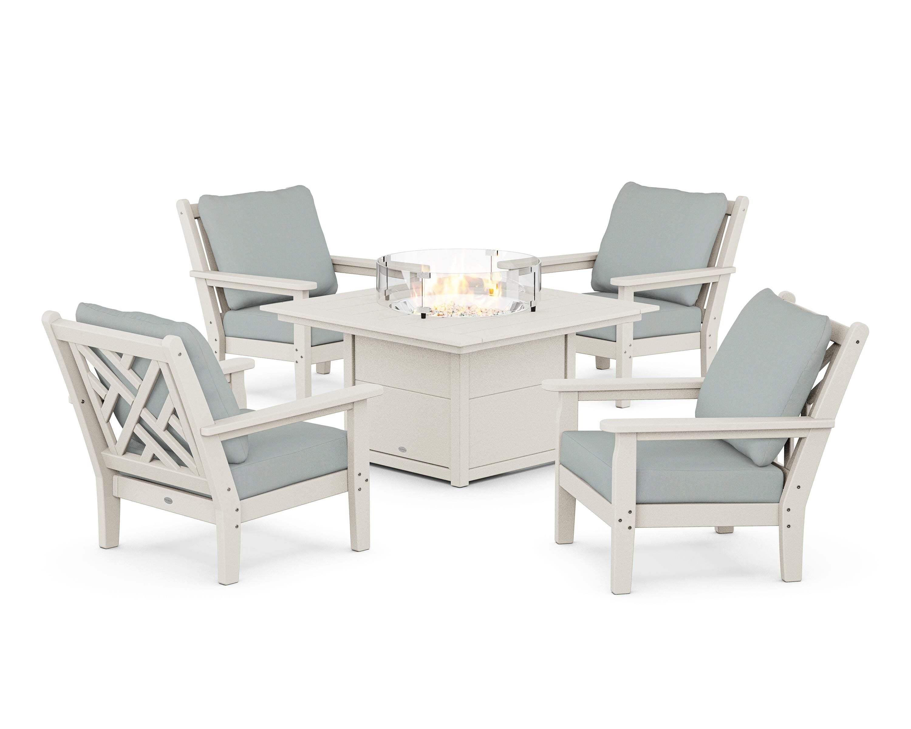 POLYWOOD® Chippendale 5-Piece Deep Seating Set with Fire Pit Table in Sand / Spa
