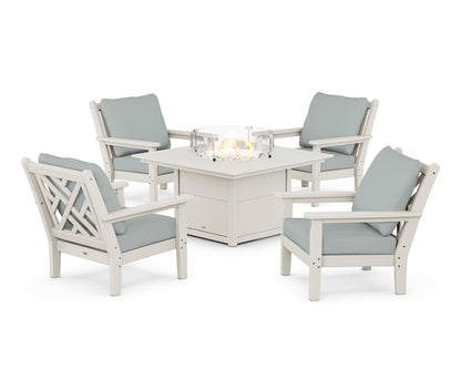 POLYWOOD® Chippendale 5-Piece Deep Seating Set with Fire Pit Table in Sand / Spa