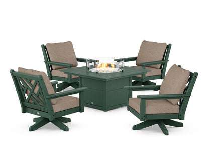 POLYWOOD® Chippendale 5-Piece Deep Seating Swivel Conversation Set with Fire Pit Table in Green / Spiced Burlap