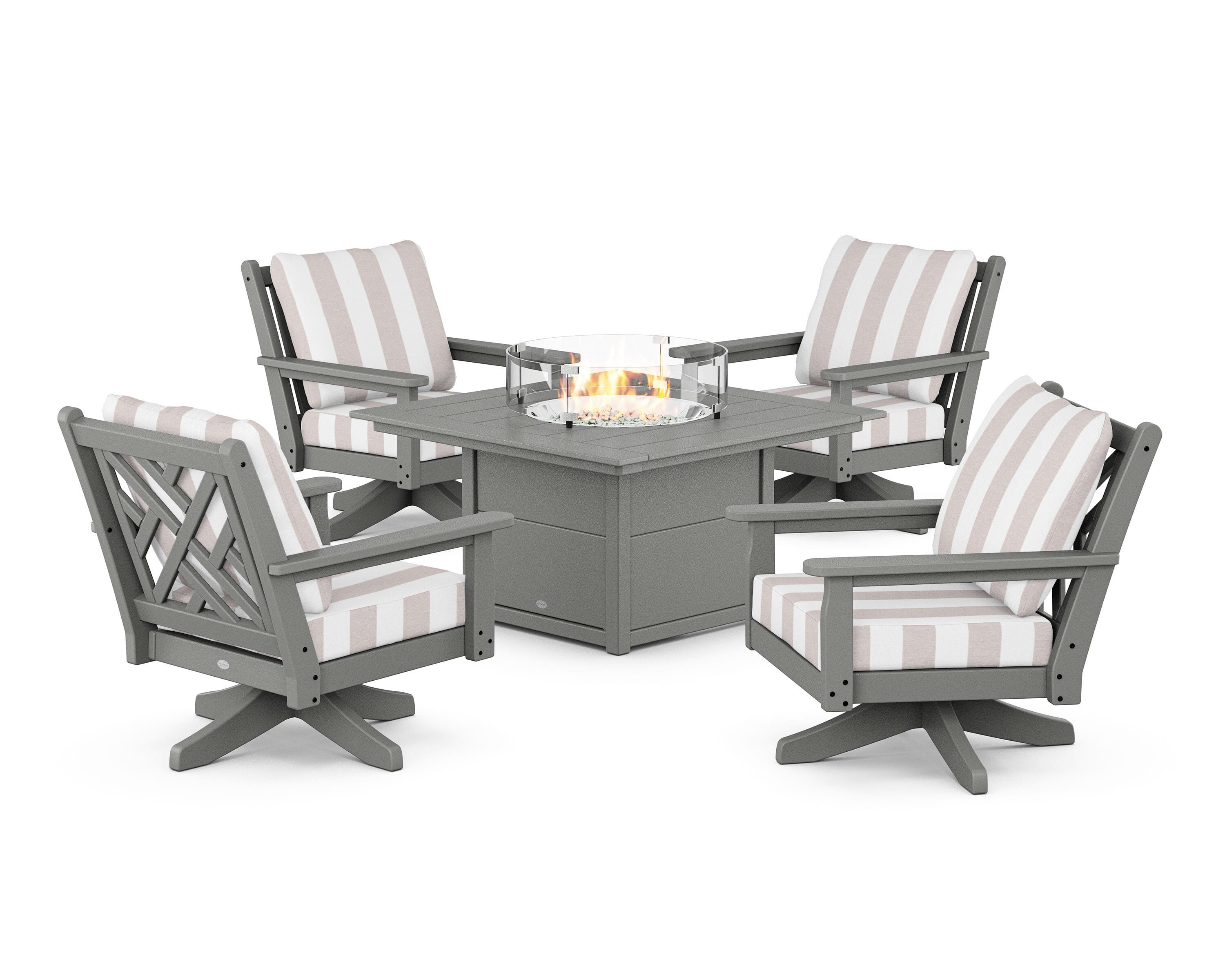 POLYWOOD® Chippendale 5-Piece Deep Seating Swivel Conversation Set with Fire Pit Table in Slate Grey / Cabana Stripe Dune Burlap
