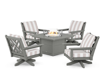 POLYWOOD® Chippendale 5-Piece Deep Seating Swivel Conversation Set with Fire Pit Table in Slate Grey / Cabana Stripe Dune Burlap