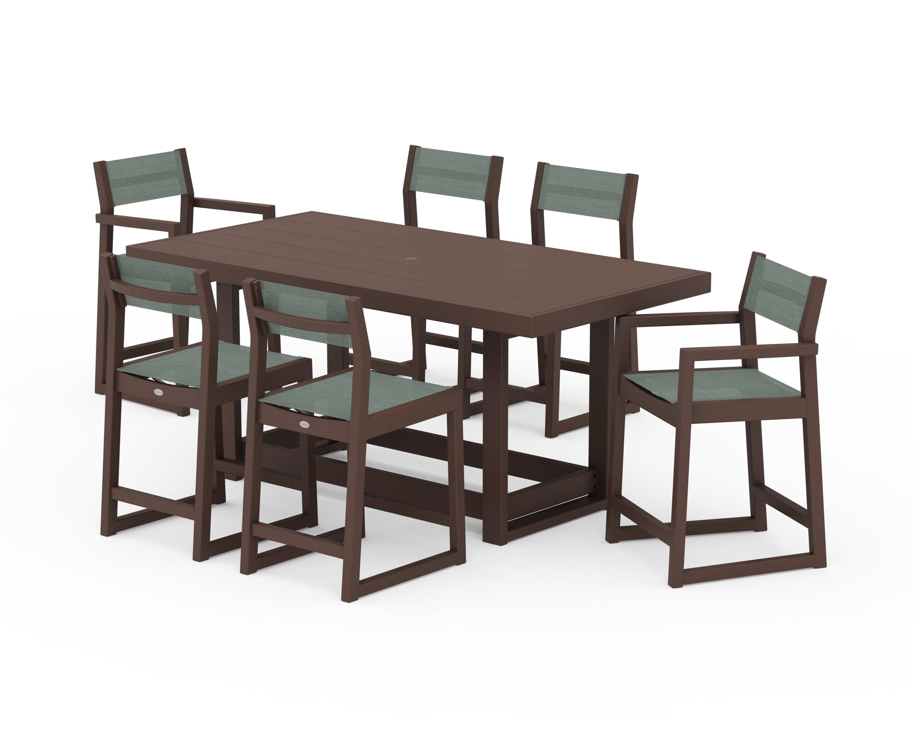 POLYWOOD® EDGE Sling 7-Piece Counter Table Set in Mahogany / Dupioni Sea Mist Sling
