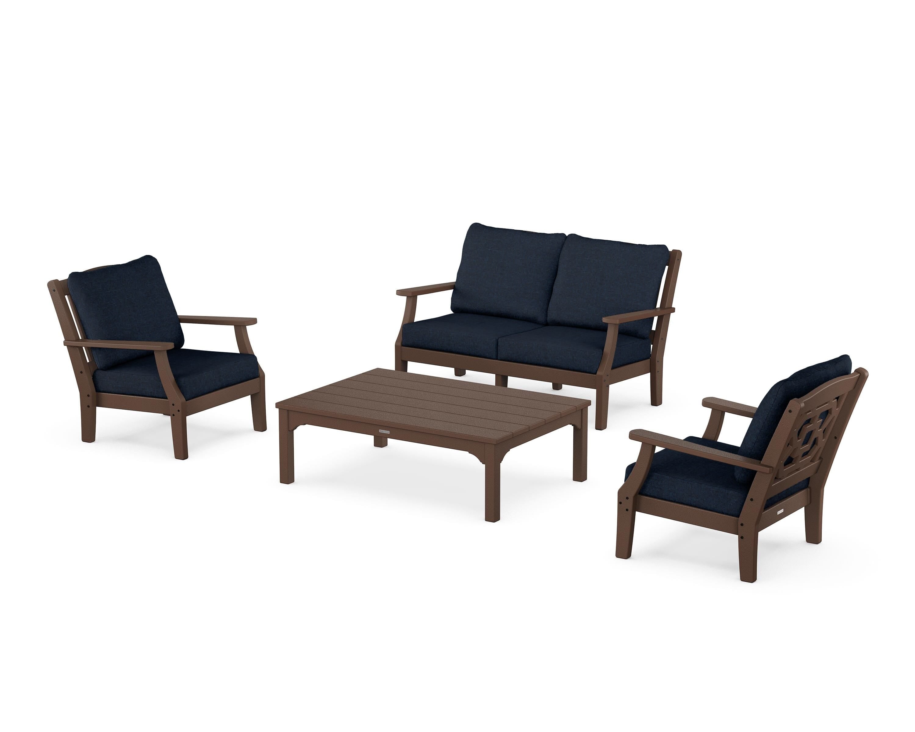 Martha Stewart by POLYWOOD® Chinoiserie 4-Piece Deep Seating Set with Loveseat in Mahogany / Marine Indigo