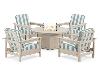 POLYWOOD® Club 5-Piece Conversation Set with Fire Pit Table in Sand / Cabana Stripe Glacier Spa