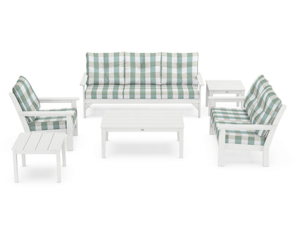 POLYWOOD® Vineyard 6-Piece Deep Seating Set in White / Buffalo Plaid Glacier Spa