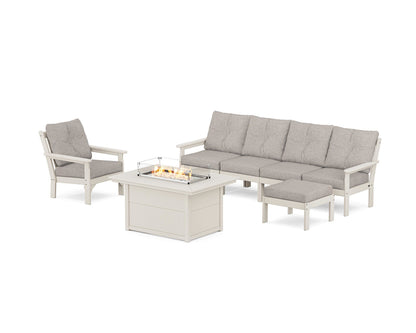POLYWOOD® Vineyard Sectional Lounge and Fire Pit Set in Sand / Weathered Tweed