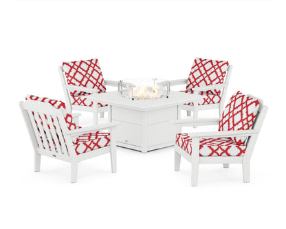 Country Living Cottage 5-Piece Deep Seating Set with Fire Pit Table in White / Trellis Crimson