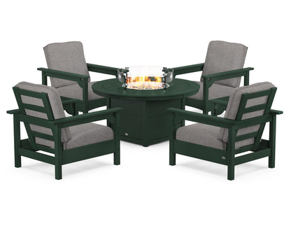 POLYWOOD® Club 5-Piece Conversation Set with Fire Pit Table in Green / Grey Mist