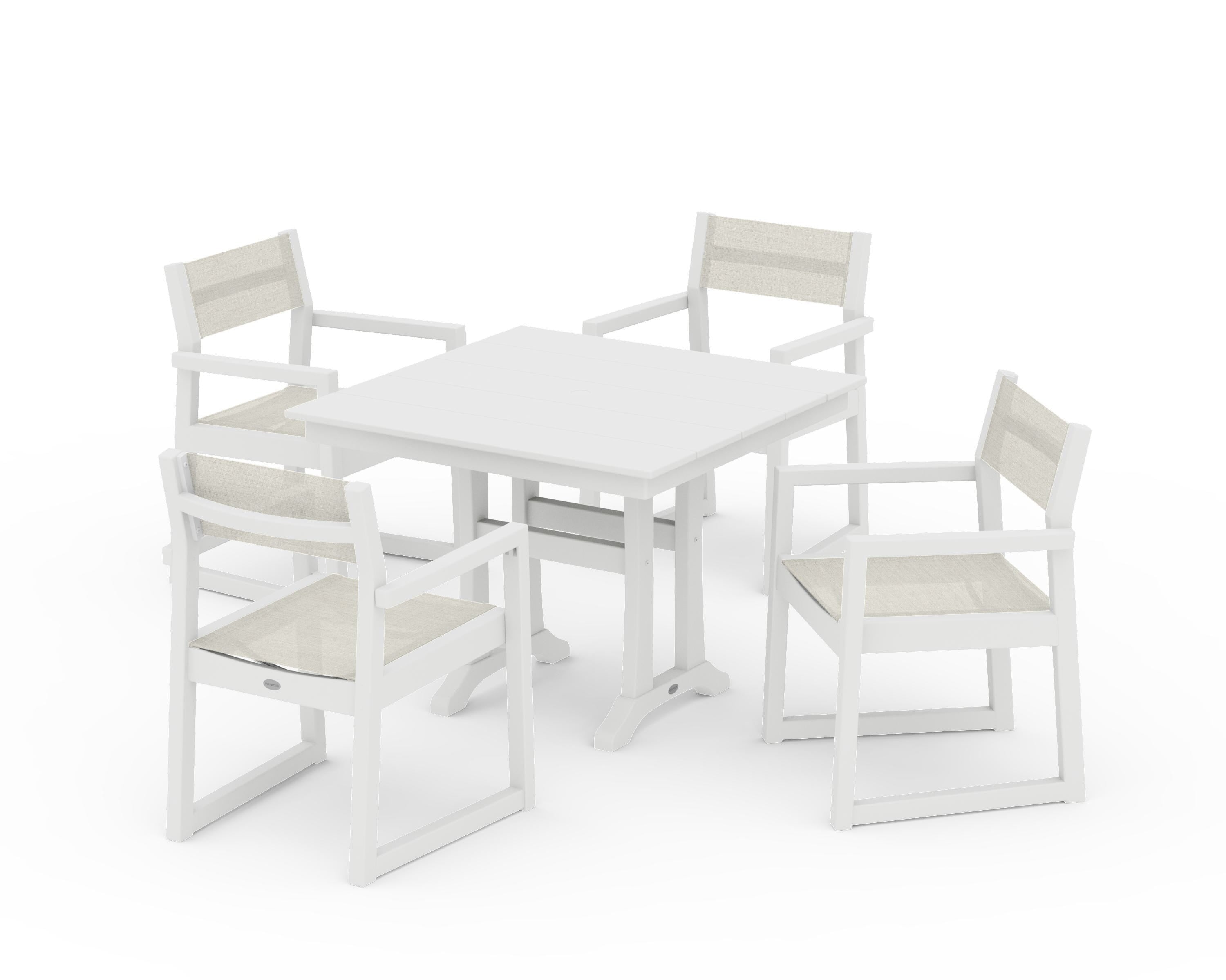POLYWOOD® EDGE Sling 5-Piece Farmhouse Dining Set with Trestle Legs in White / Parchment Sling