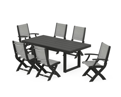 POLYWOOD® Coastal Folding Chair 7-Piece Dining Set with Trestle Legs in Black / Metallic Sling