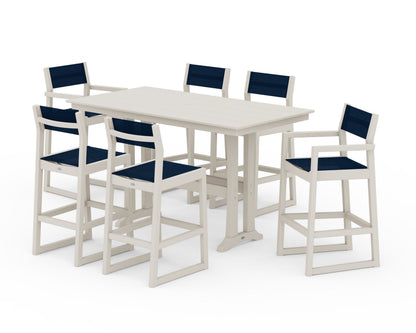 POLYWOOD® EDGE Sling 7-Piece Farmhouse Bar Set with Trestle Legs in Sand / Navy Blue Sling