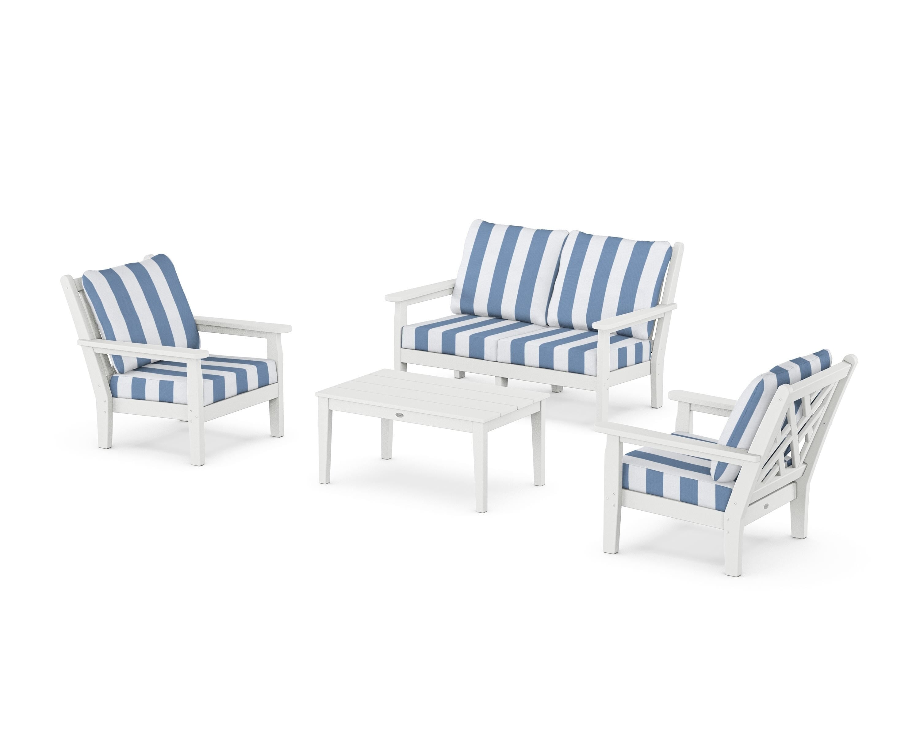 POLYWOOD® Chippendale 4-Piece Deep Seating Set with Loveseat in White / Cabana Stripe Sky Blue